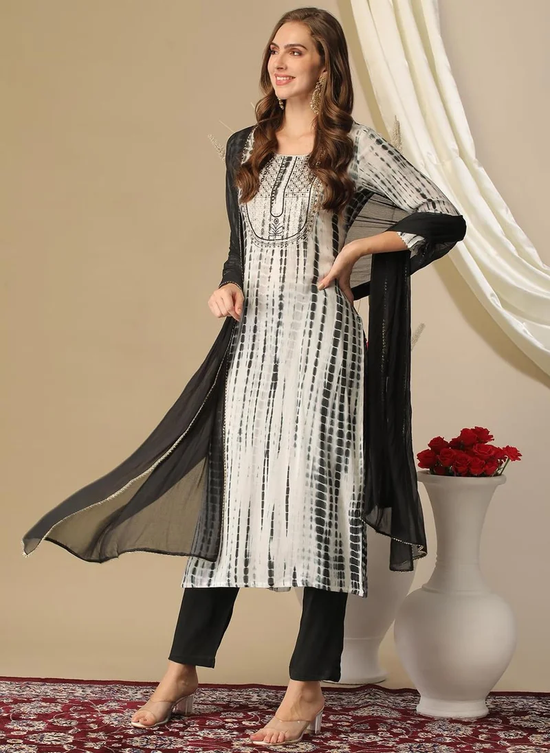 GoSriKi Black GoSriKi Women's Rayon Blend Straight Printed Kurta with Pant & Dupatta (TIEDYE Black-GS_S_Black_Small) for Women | Best Price UAE